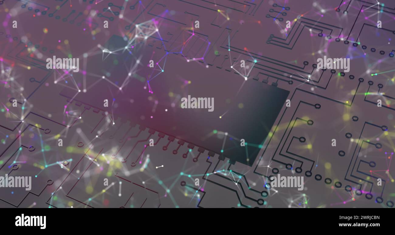 Image of colourful shapes floating over microprocessor connections Stock Photo