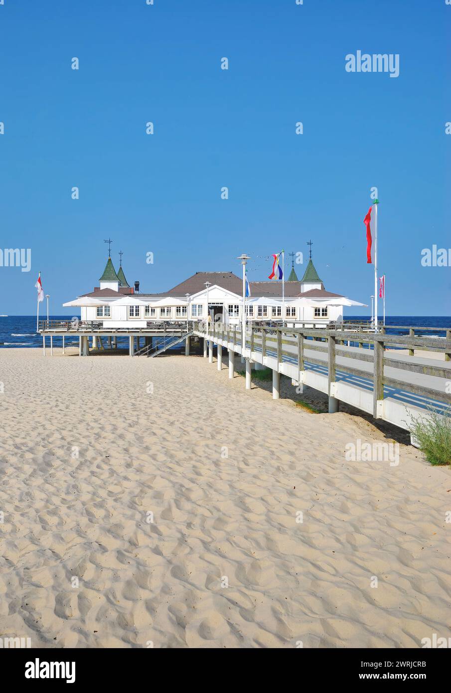 Beach and Pier of Ahlbeck at baltic Sea,Usedom,Mecklenburg-Vorpommern;Germany Stock Photo