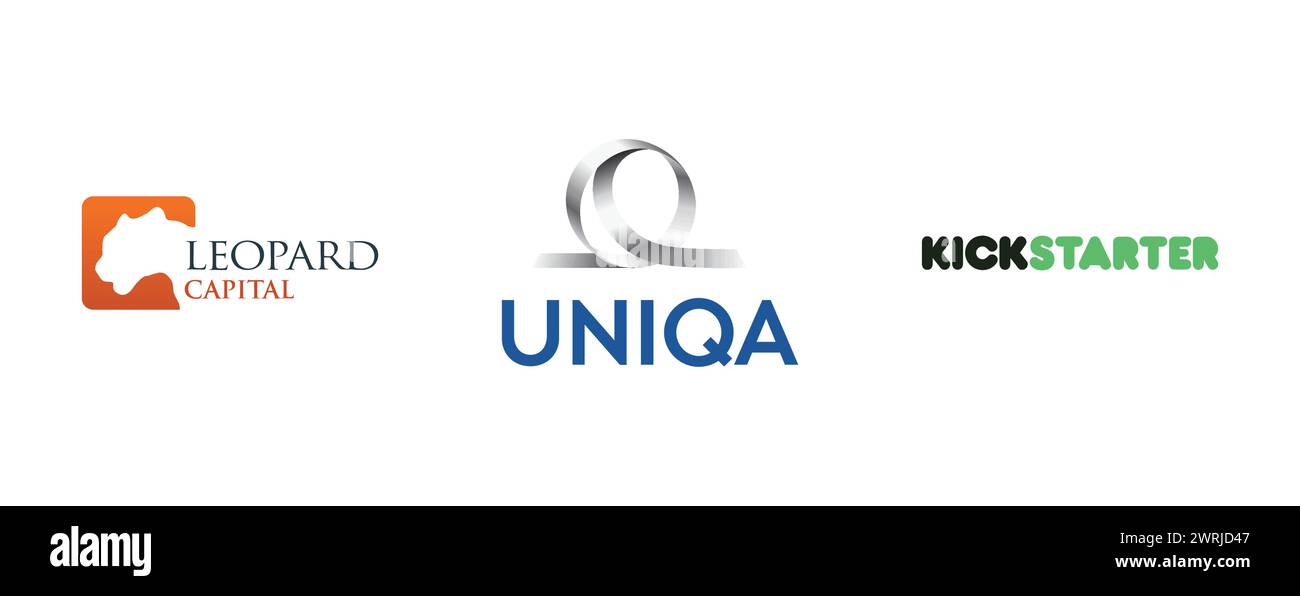 LEOPARD, UNIQA, KICKSTARTER. Editorial vector logo collection Stock