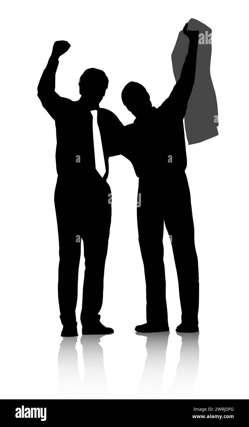 Abstract, silhouette and winner business people isolated on white background for work. Art, success or motivation with icon of colleague men cheering Stock Photo