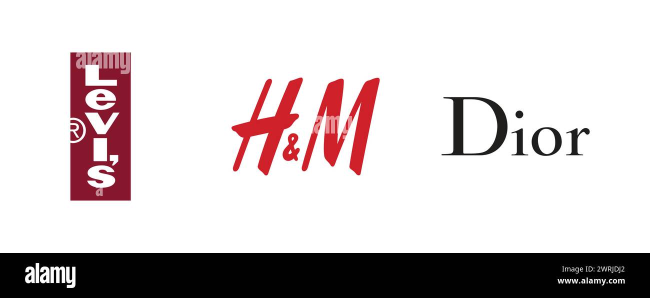 LEVIS VERTICAL, H&M, DIOR. Editorial vector logo collection. Stock Vector