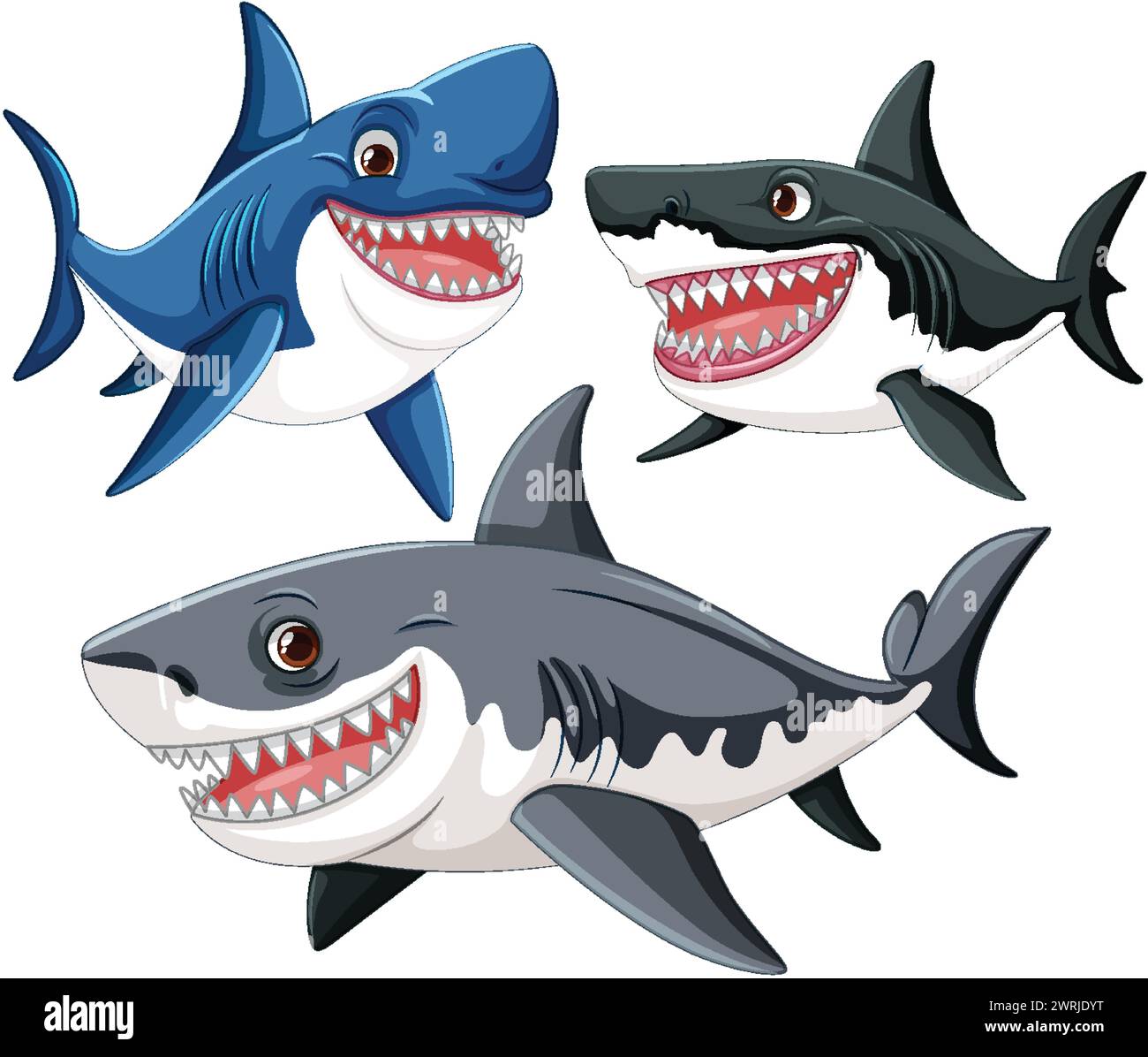 Three Smiling Cartoon Sharks In Various Poses Stock Vector Image Art Three Smiling Cartoon Sharks In Various Poses Stock Vector Image Art