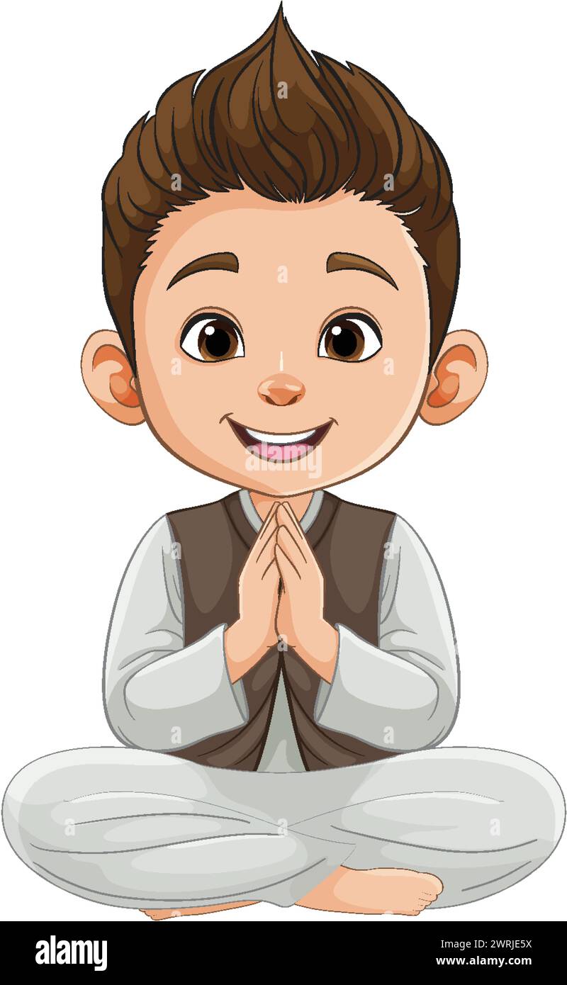 Cartoon boy meditating with a joyful expression Stock Vector