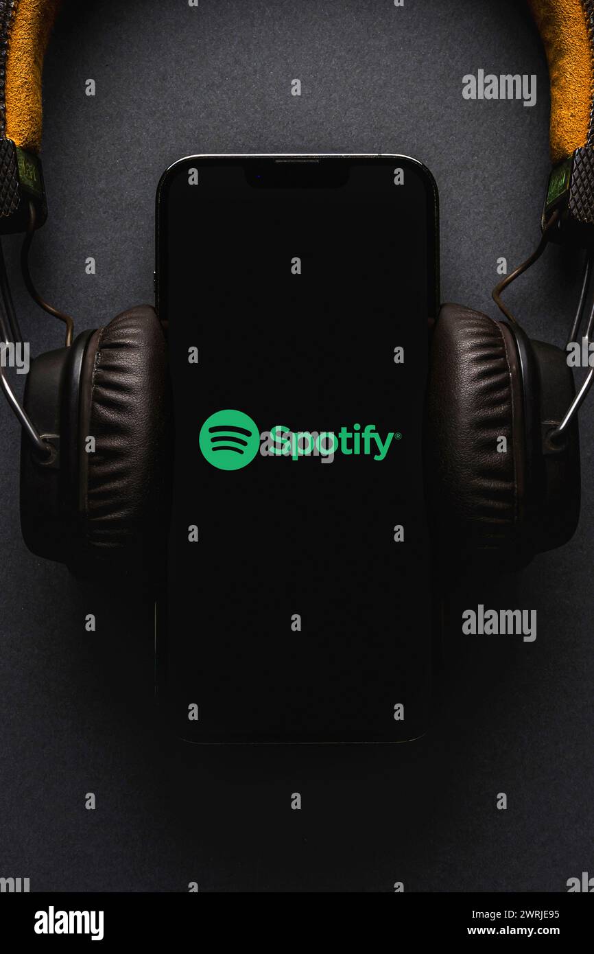 Antalya, Turkey - March 11, 2024: iPhone smart phone screen showing Spotify logo Stock Photo