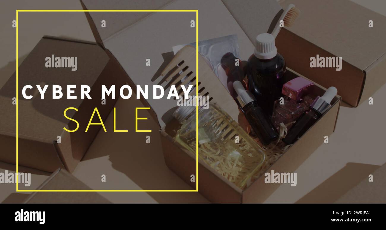 Image of cyber monday sale text over gift box Stock Photo