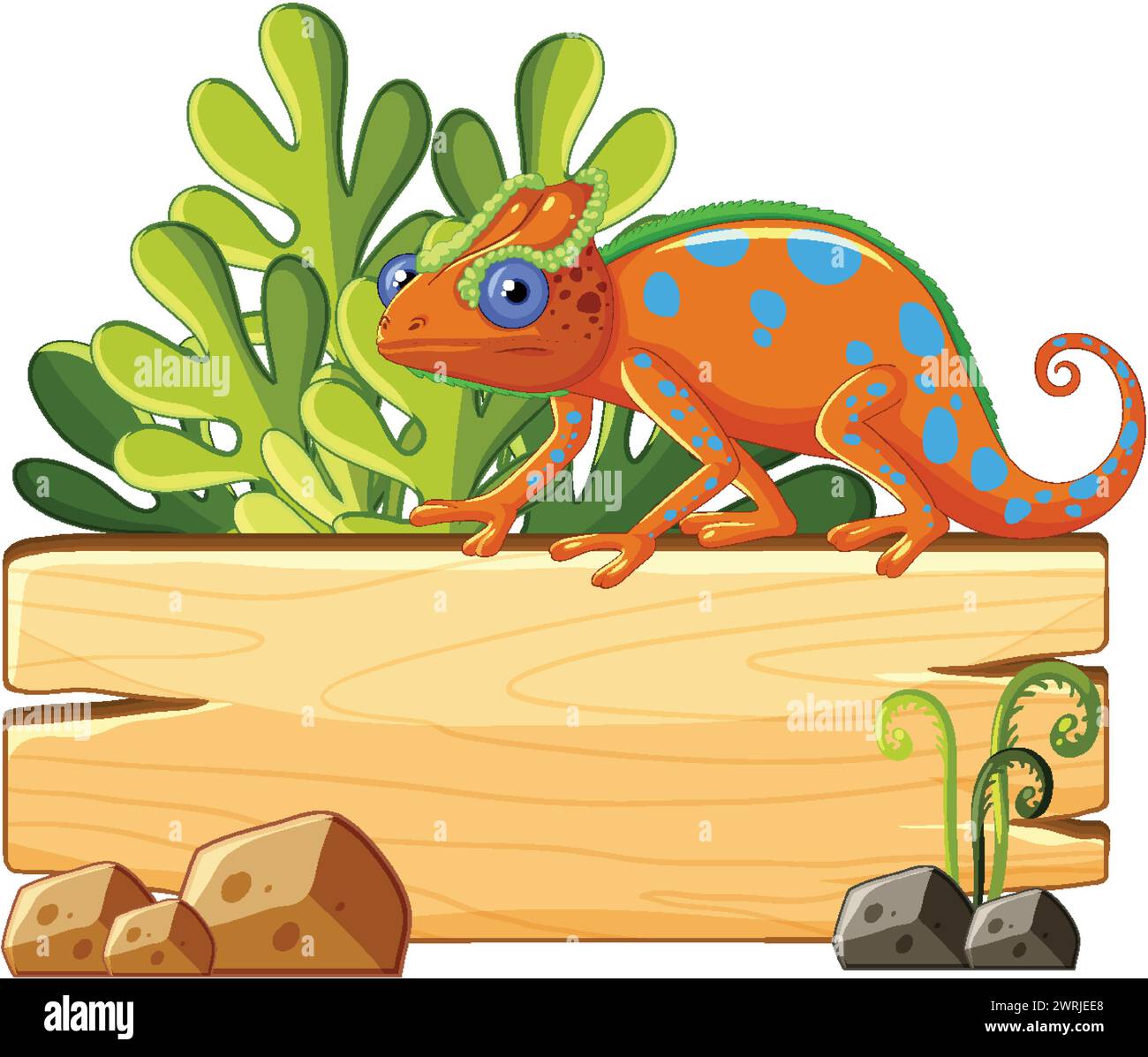 Vibrant chameleon illustration with tropical foliage. Stock Vector
