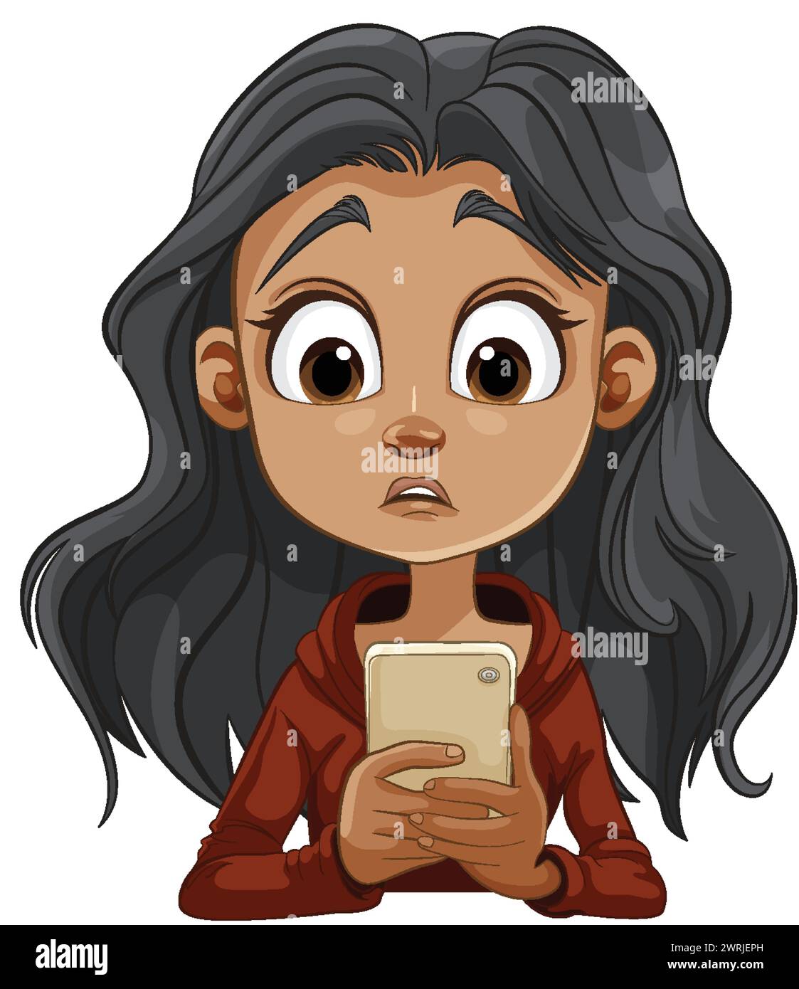 Cartoon of a girl with a phone looking shocked Stock Vector