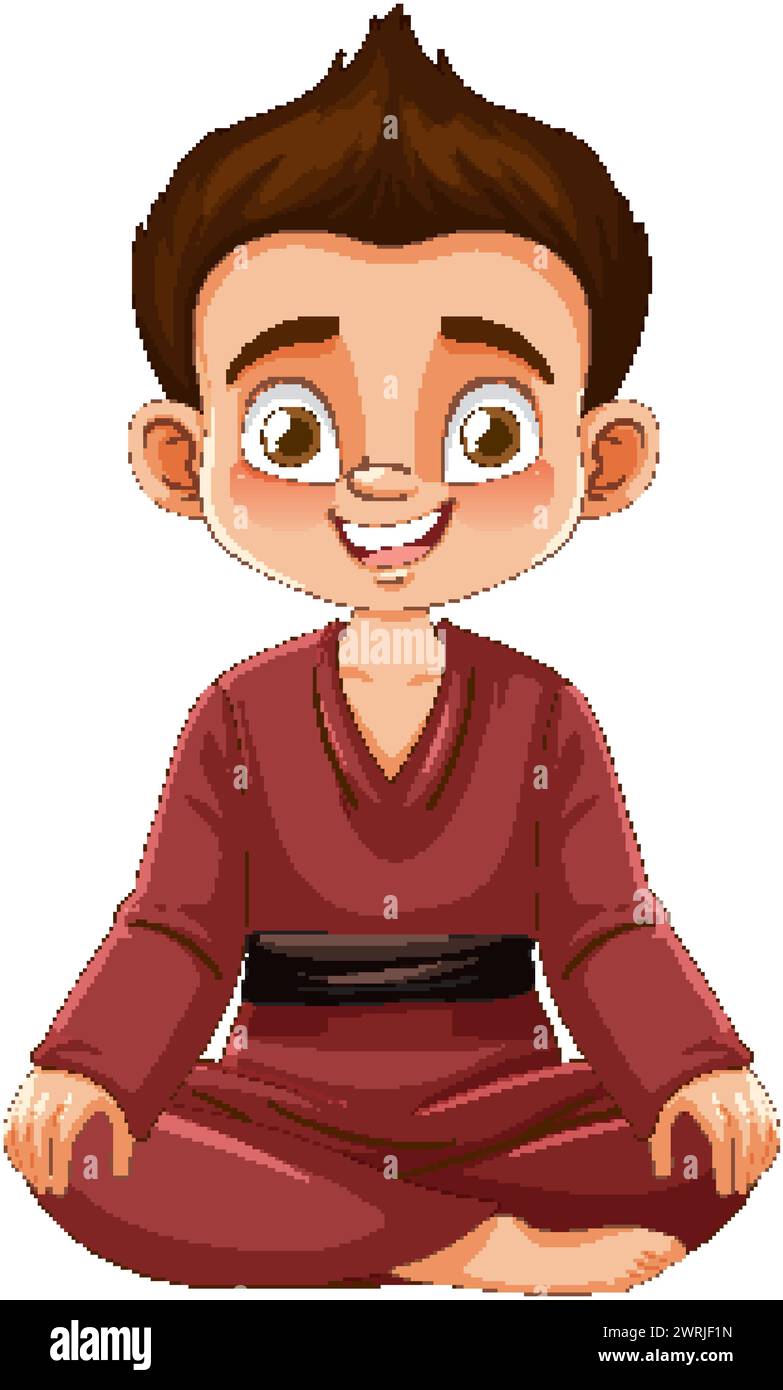 Cartoon boy in karate uniform sitting crosslegged Stock Vector Image