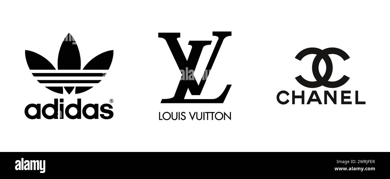 LOUIS VUITTON, CHANEL, ADIDAS ORIGINALS. Editorial vector logo collection. Stock Vector