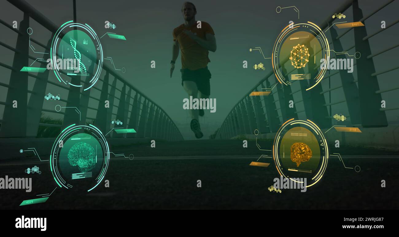 Image of data processing over caucasian man running Stock Photo - Alamy