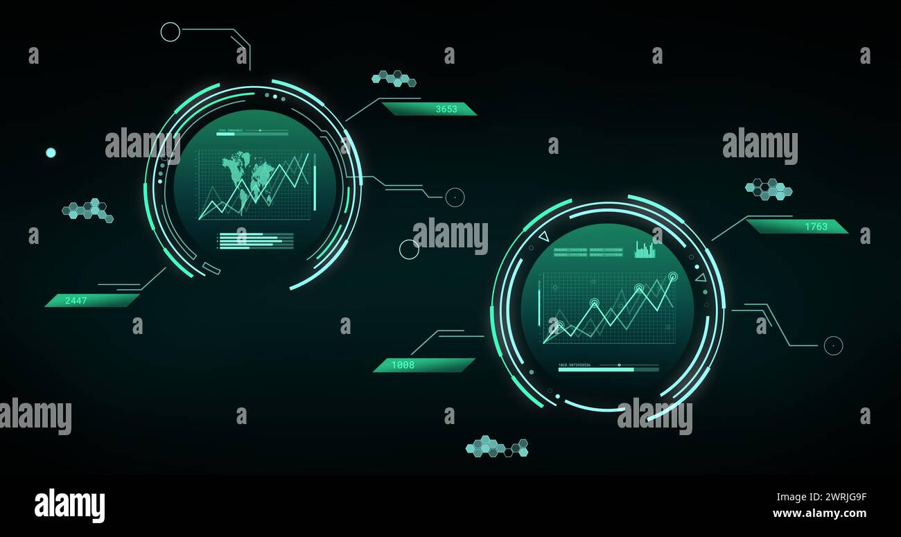 Image of data processing with world map over black background Stock ...