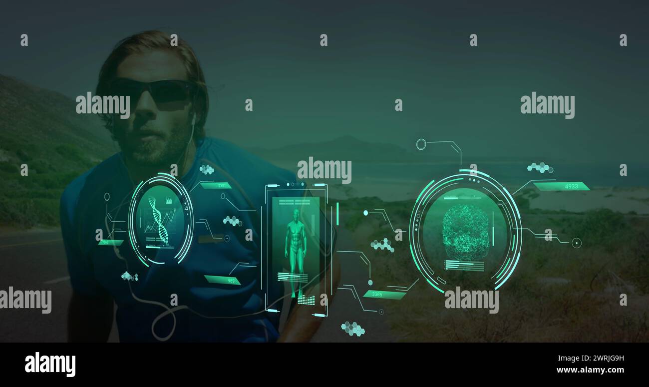 Image of data processing over caucasian man running Stock Photo - Alamy