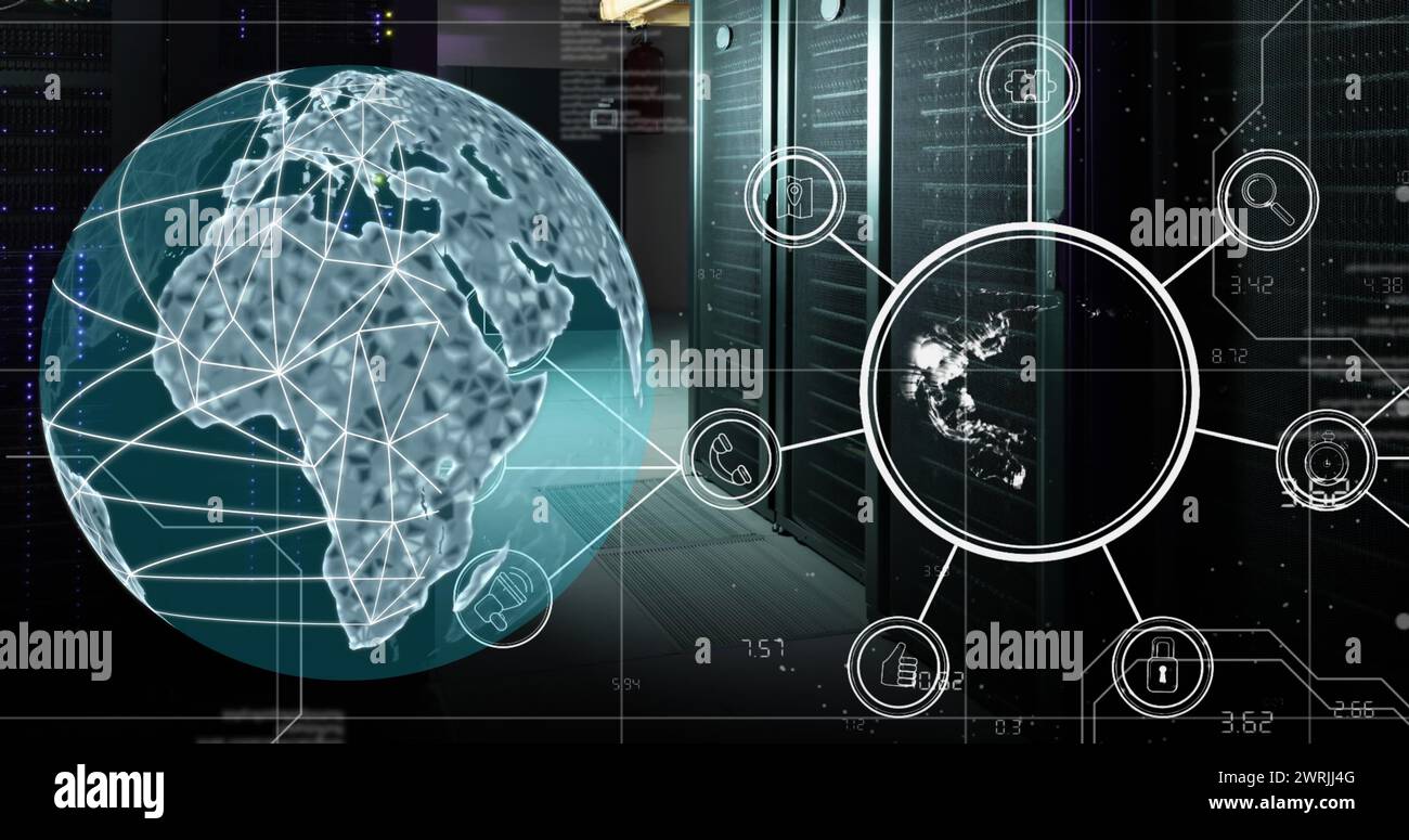 Image of globe with icons and data processing over computer servers ...