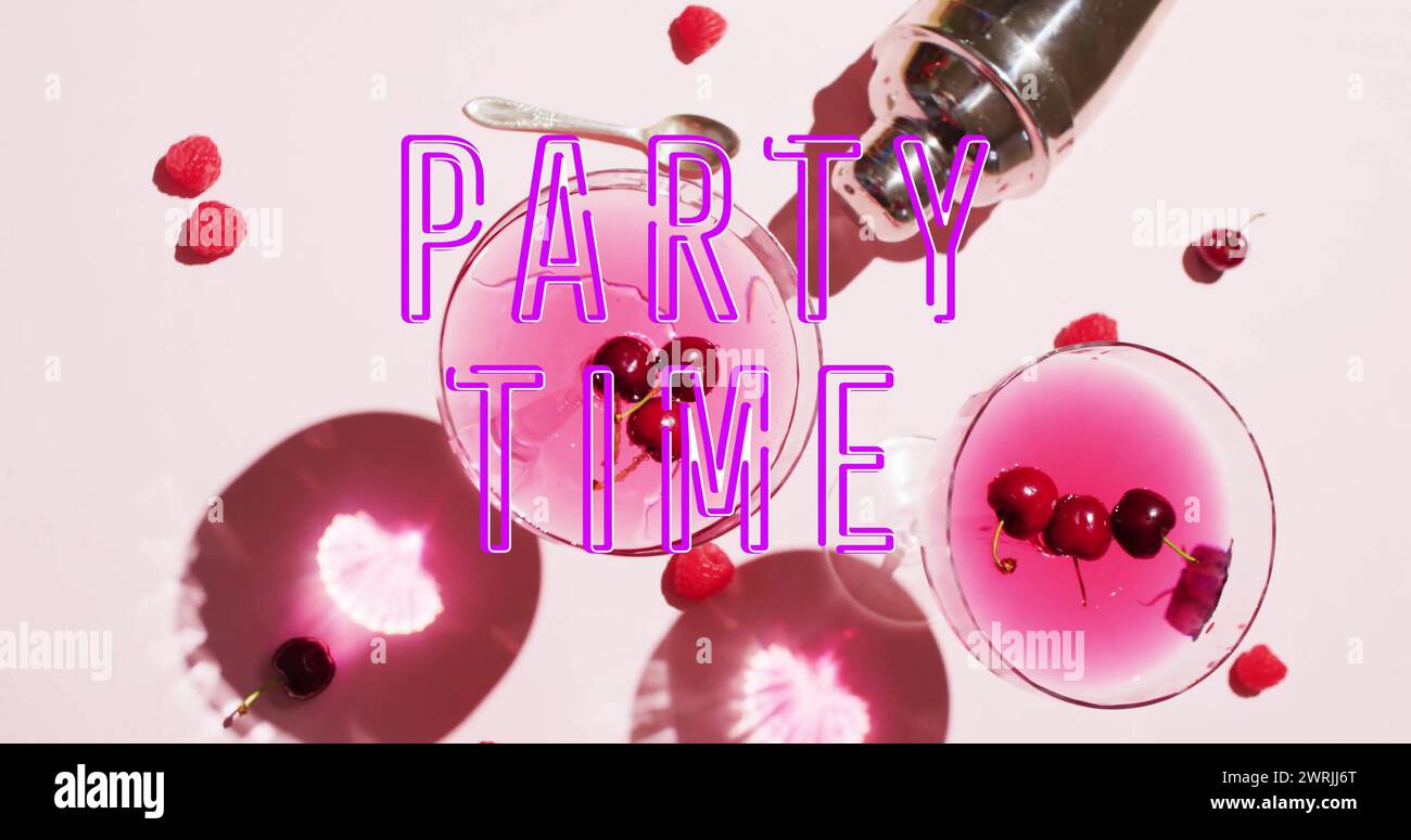Image of party time neon text and cocktails on white background Stock ...