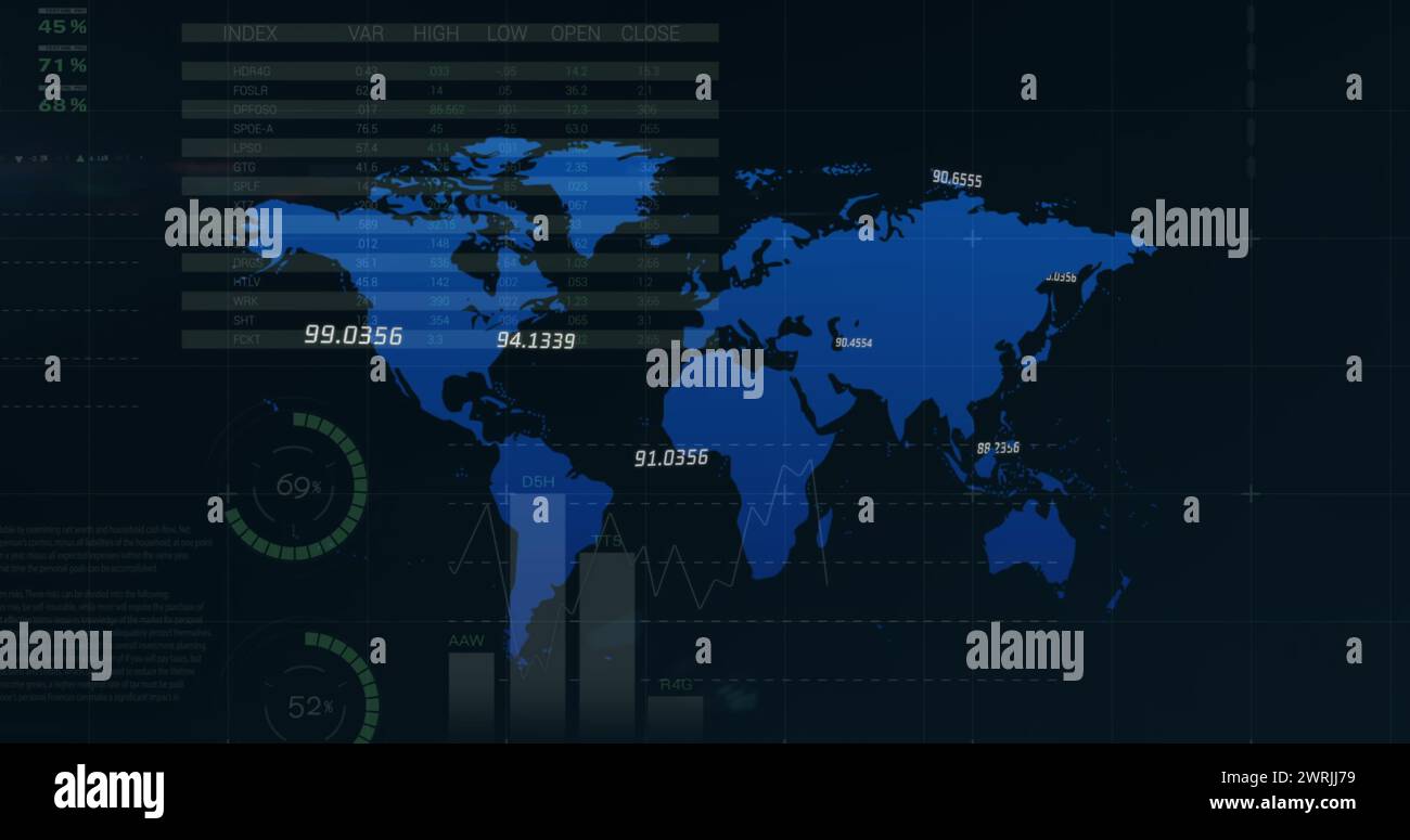 Image of financial data processing over world map of black background ...
