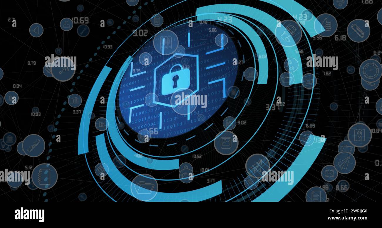 Image of padlock icon and data processing over media icons Stock Photo ...