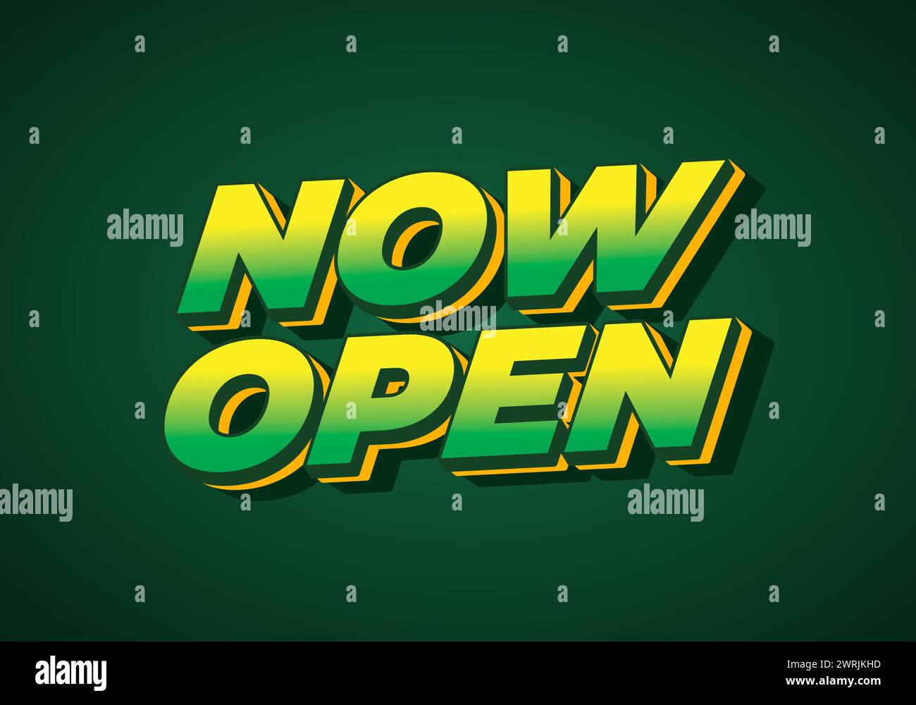 Now open. Text effect design in green color with 3 dimension style Stock Vector