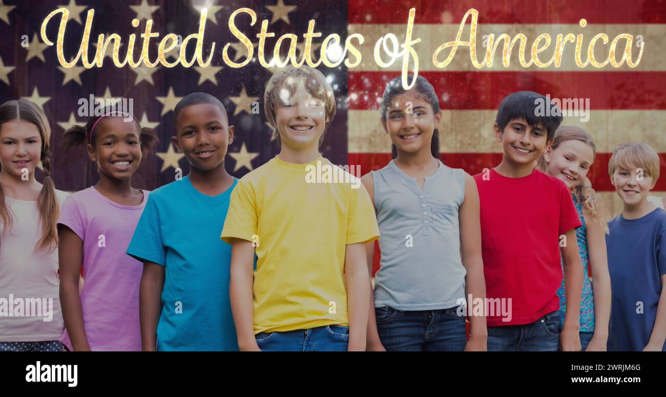 Image of united states of america text and schoolchildren over american flag Stock Photo