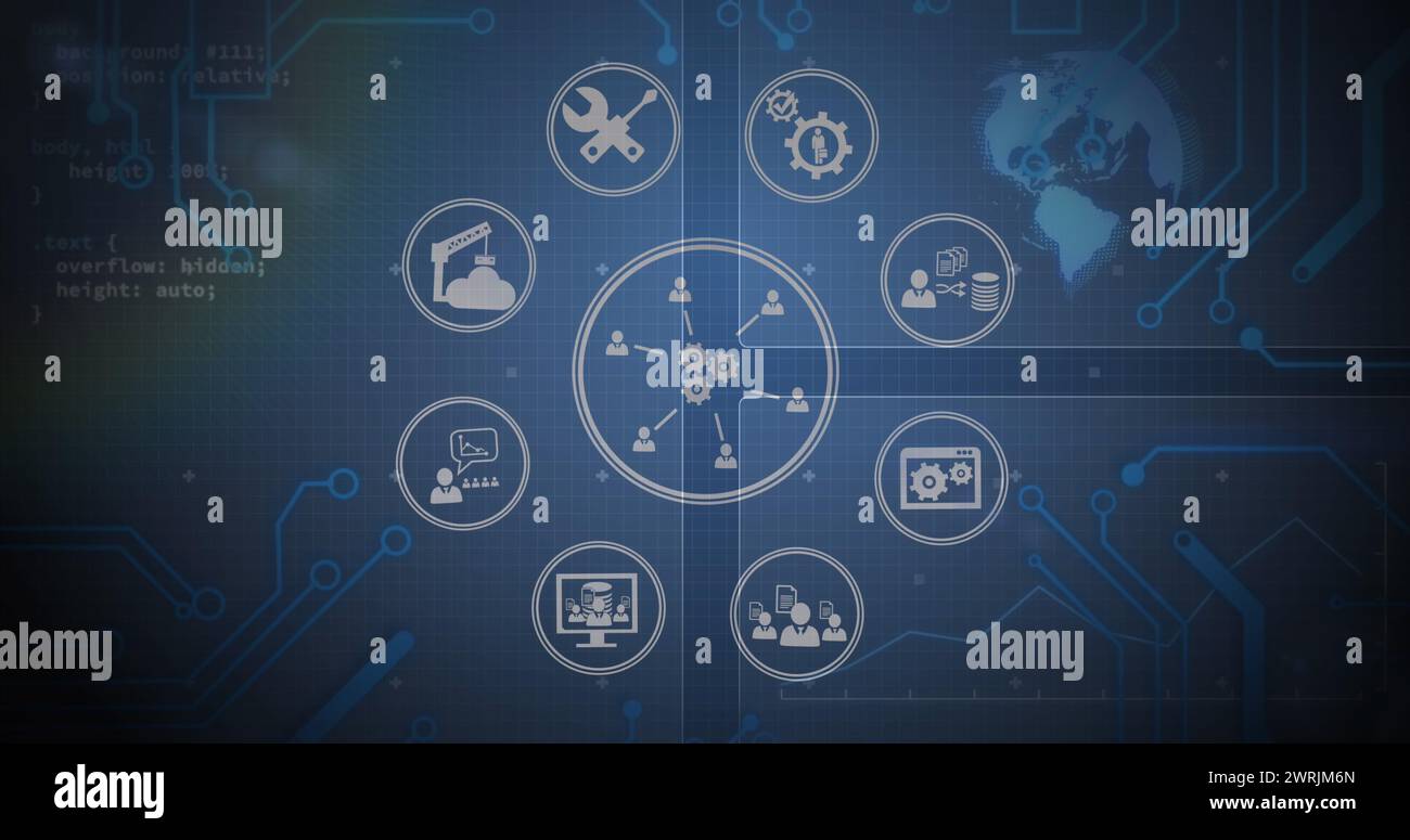 Image of network of icons over scopes scanning and data processing on ...