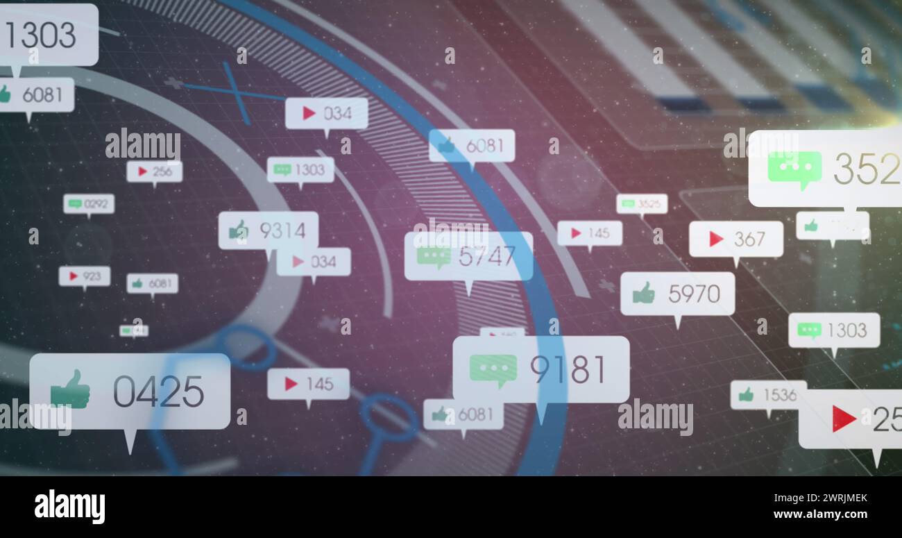 Image of social media icons on banners over scope and data processing ...