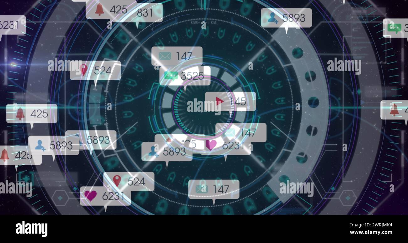 Image of social media icons on banners over data processing and scope ...