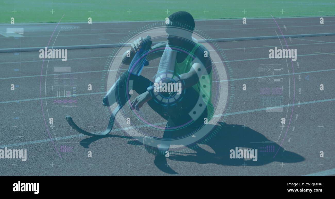 Image of digital data processing over disabled male athlete with running blades drinking water Stock Photo
