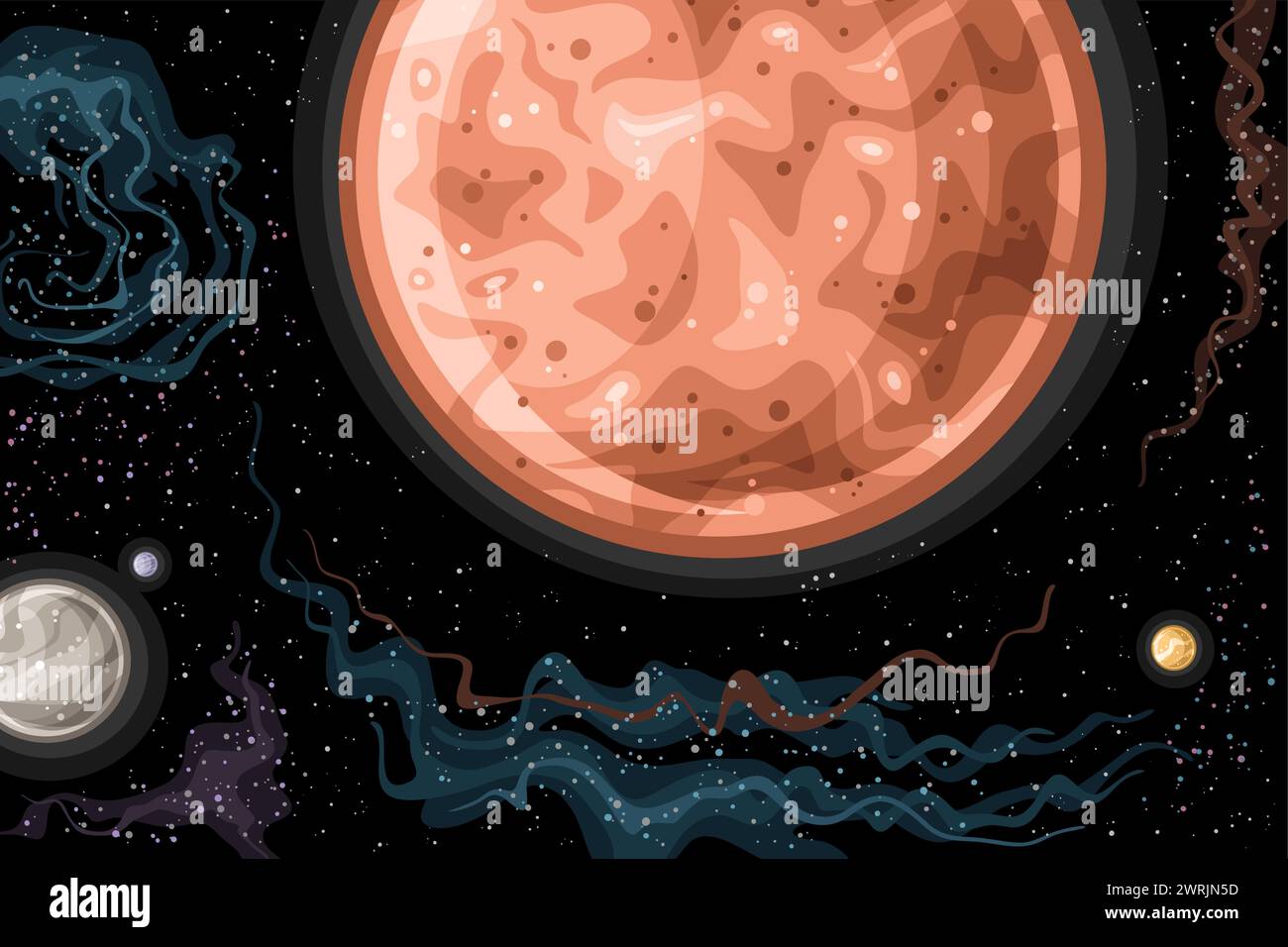 Vector Fantasy Space Chart, horizontal astronomical poster with illustration of trans-neptunian dwarf planet Sedna in deep space, decorative futuristi Stock Vector