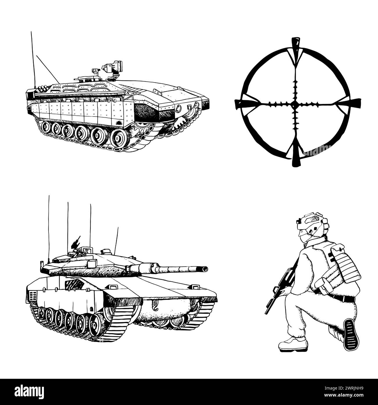Military set of tank personnel carrier soldier Stock Vector