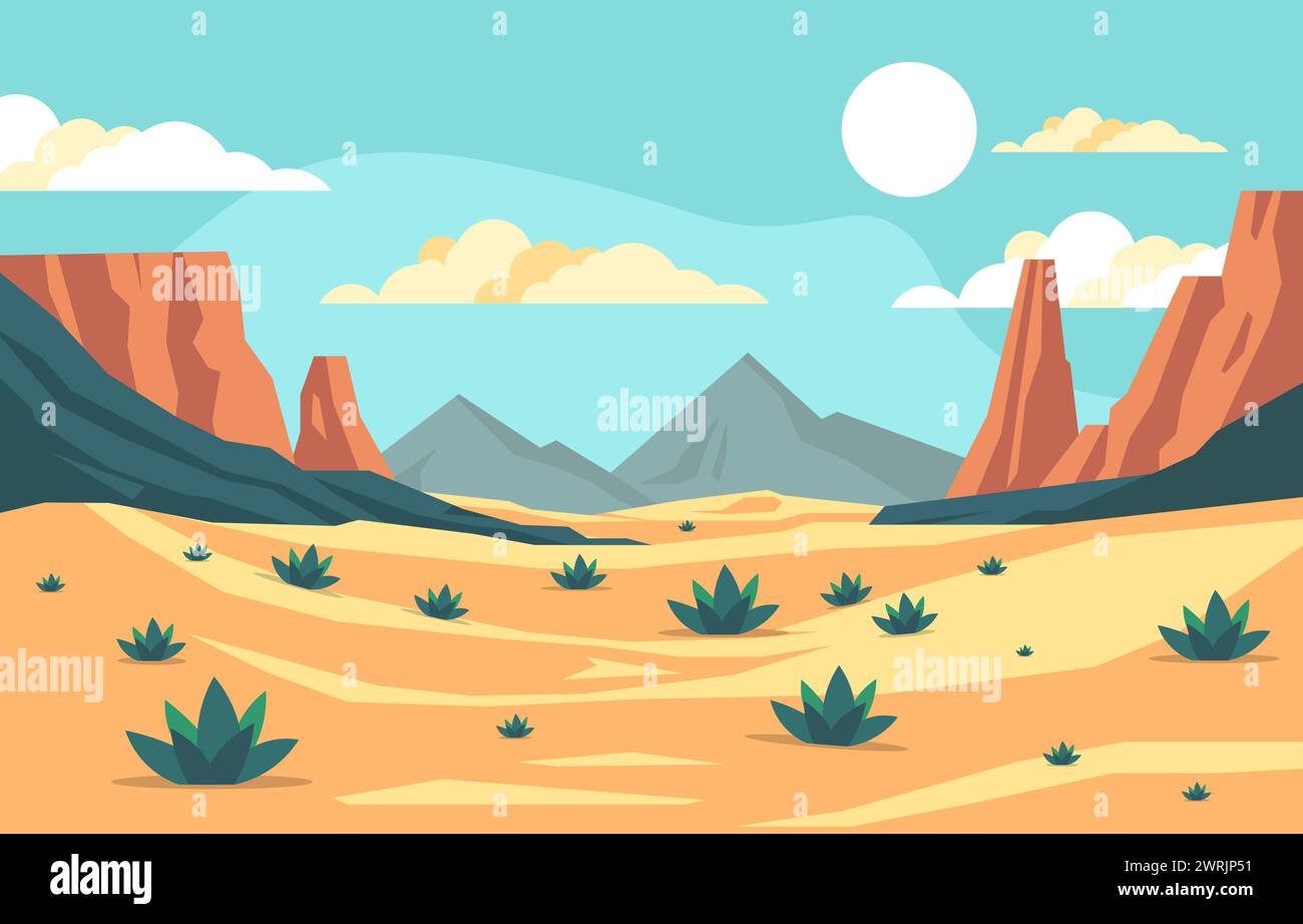 Flat Design Illustration of Rocky Mountain in Arabian Desert with Sun at Daytime Stock Vector
