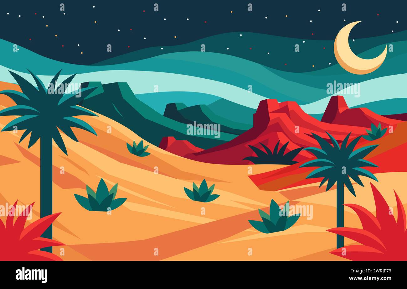 Flat Design Illustration of Rock Stone in Arabian Desert with Crescent Moon at Night Stock Vector