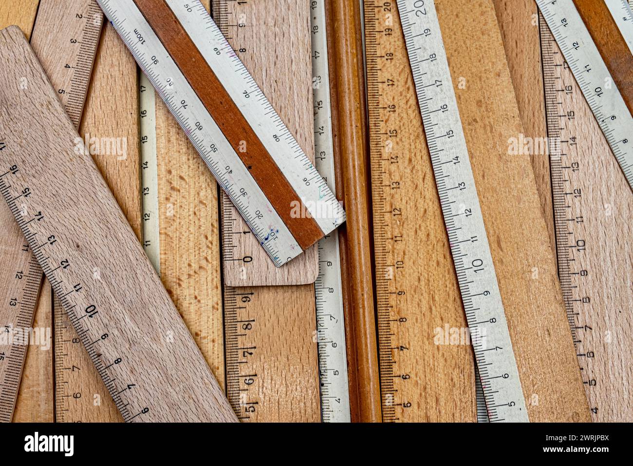 Stack o Retrof wooden rulers Stock Photo