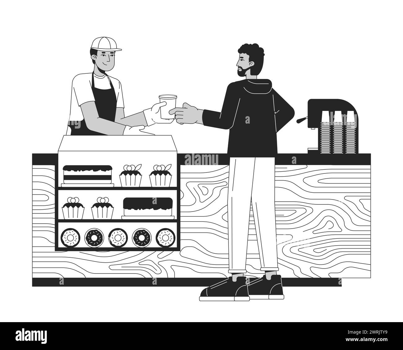 Customer receiving coffee from barista black and white 2D line cartoon