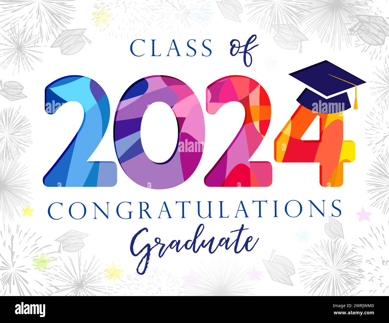 Cute graduating postcard for class of 2024 graduates. Invitation design. Educational festive background and trendy number 2 0 2 4 with academic cap. Stock Vector