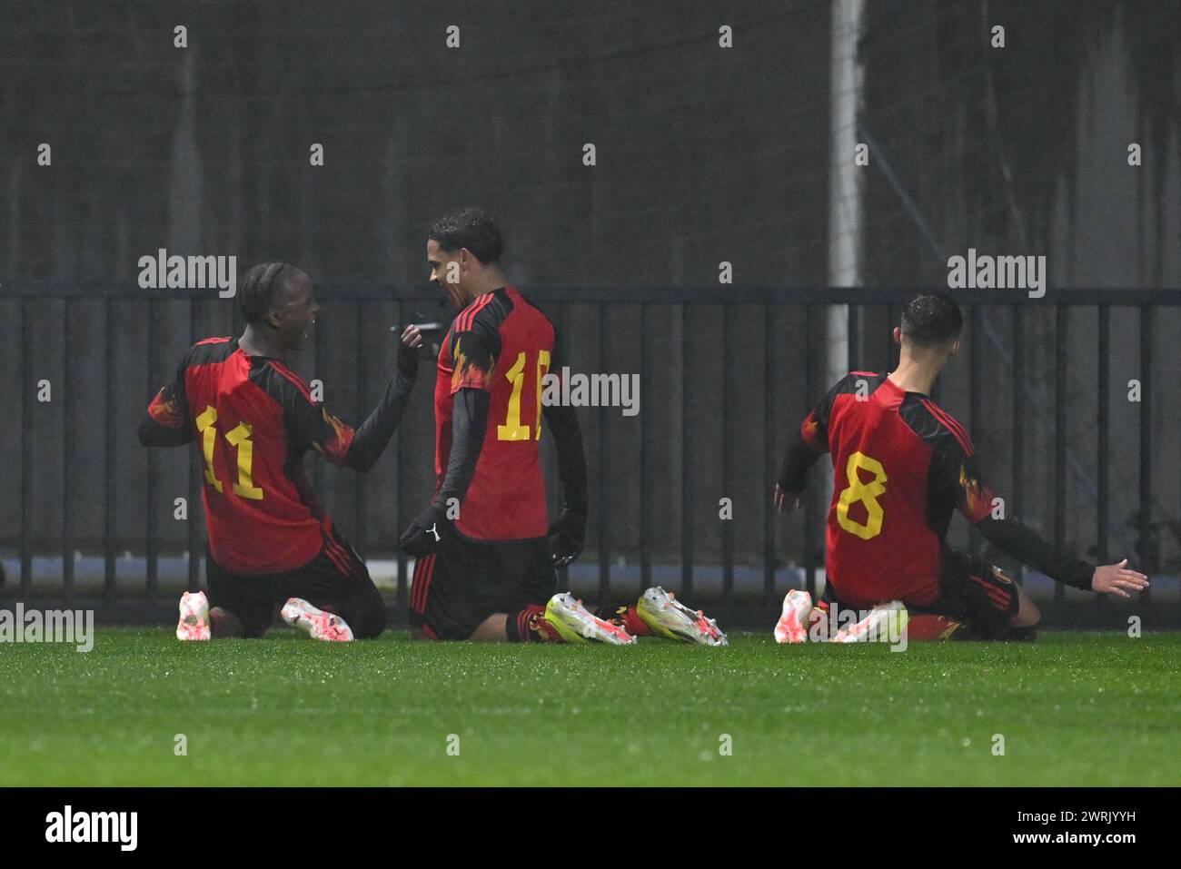 Noah Fernandez (10) of Belgium pictured celebrating with teammates after scoring the 1-0 goal during a friendly soccer game between the national under 16 teams of Belgium and Hungary on  Tuesday 12 March 2024  in Tubize , Belgium . PHOTO SPORTPIX | David Catry Stock Photo