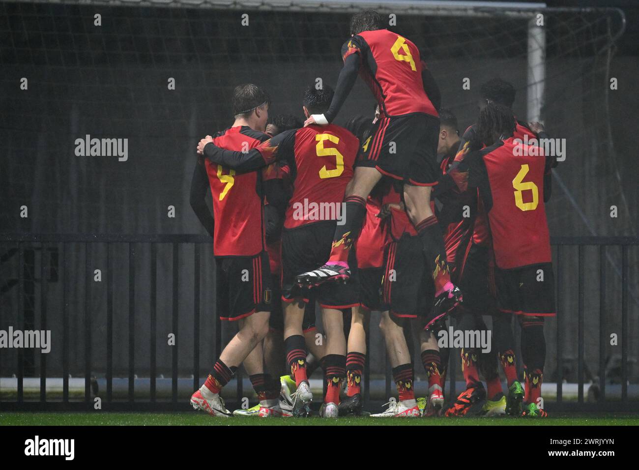 Noah Fernandez (10) of Belgium pictured celebrating with teammates after scoring the 1-0 goal during a friendly soccer game between the national under 16 teams of Belgium and Hungary on  Tuesday 12 March 2024  in Tubize , Belgium . PHOTO SPORTPIX | David Catry Stock Photo