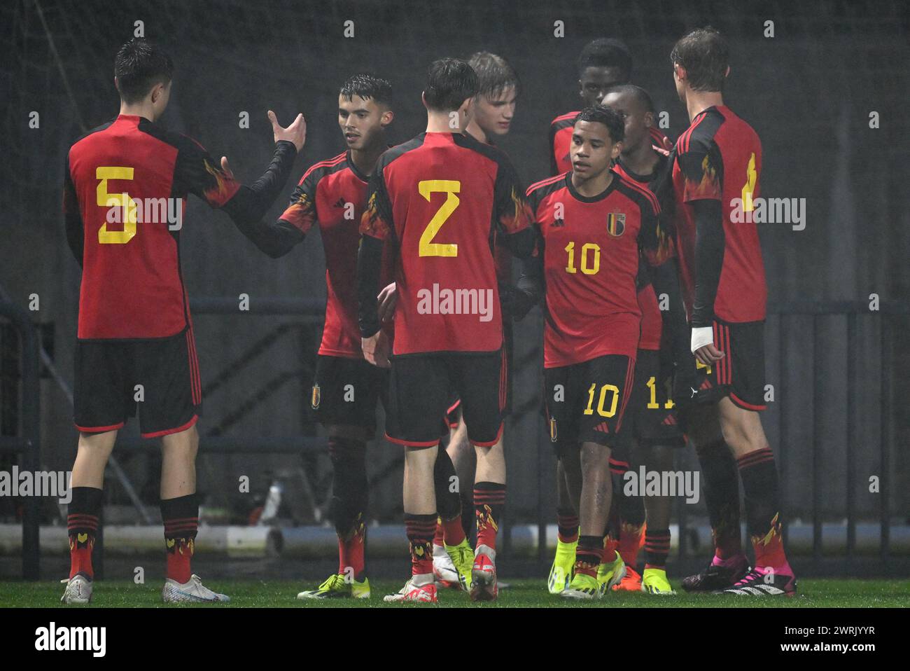 Noah Fernandez (10) of Belgium pictured celebrating with teammates after scoring the 1-0 goal during a friendly soccer game between the national under 16 teams of Belgium and Hungary on  Tuesday 12 March 2024  in Tubize , Belgium . PHOTO SPORTPIX | David Catry Stock Photo