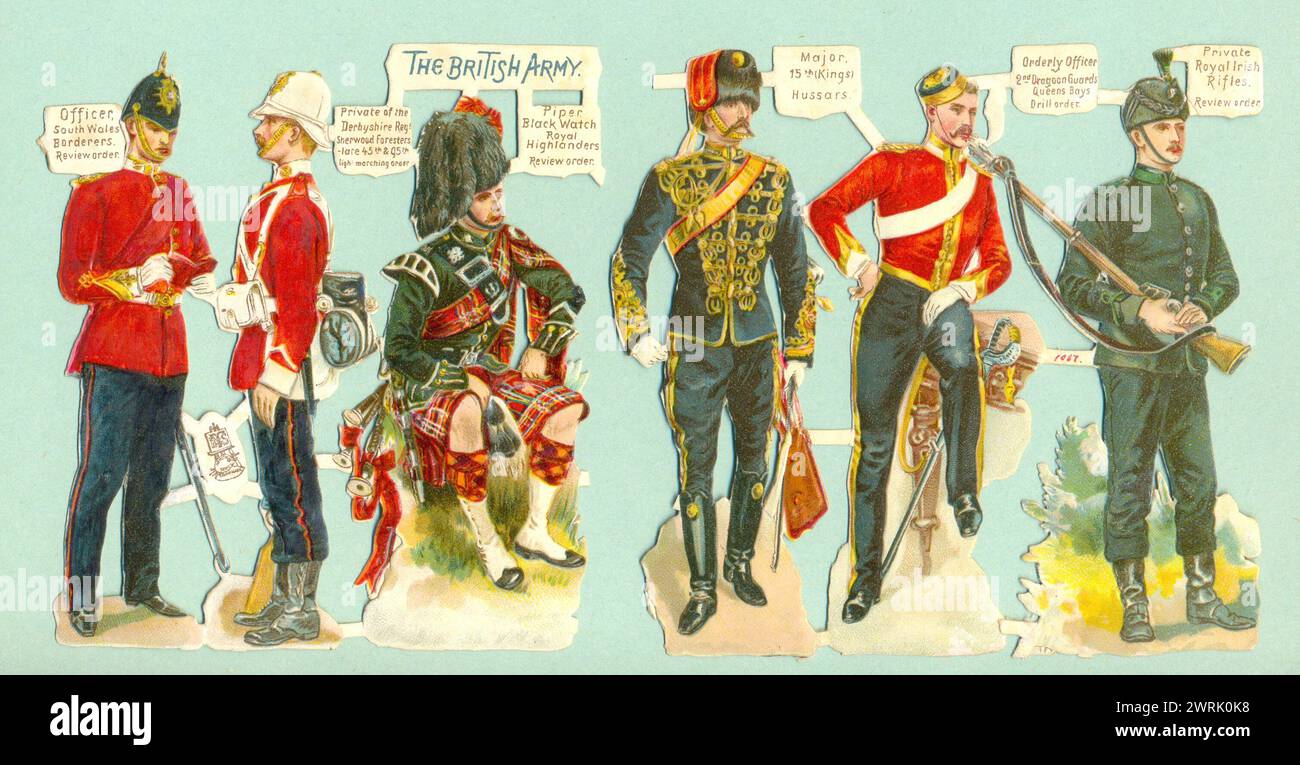 Chromolithographed die cut scraps from a sheet The British Army published by Raphael Tuck circa 1885 Stock Photo
