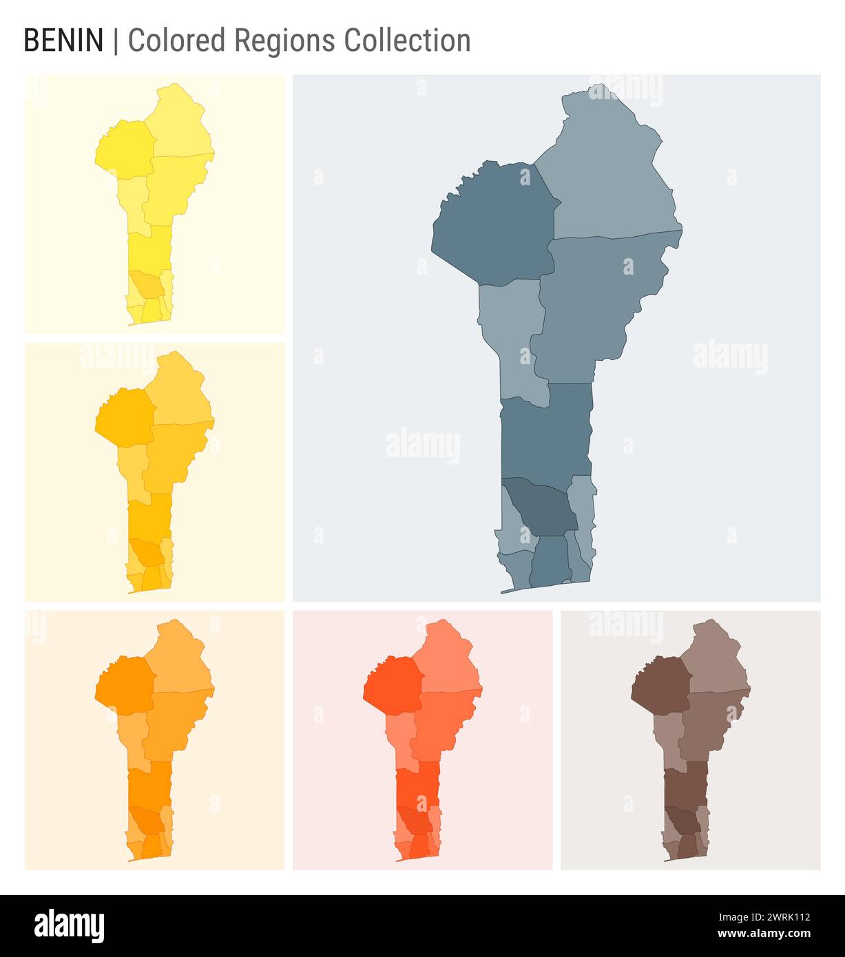 Benin map collection. Country shape with colored regions. Blue Grey, Yellow, Amber, Orange, Deep Orange, Brown color palettes. Stock Vector
