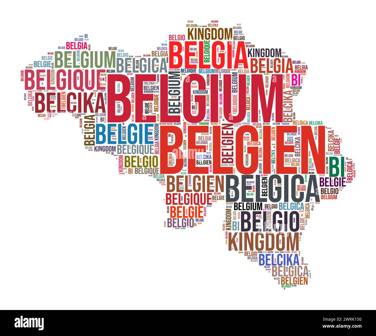 Belgium country shape word cloud. Typography style country illustration. Belgium image in text cloud style. Vector illustration. Stock Vector