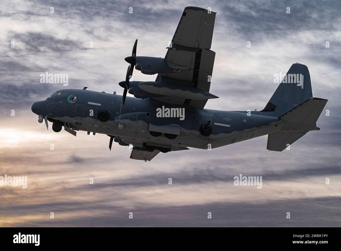 An AC-130J Ghostrider, assigned to the 14th Weapons Squadron, Hurlburt Field Air Force Base Florida, takes off during a U.S. Air Force Weapons School Stock Photo