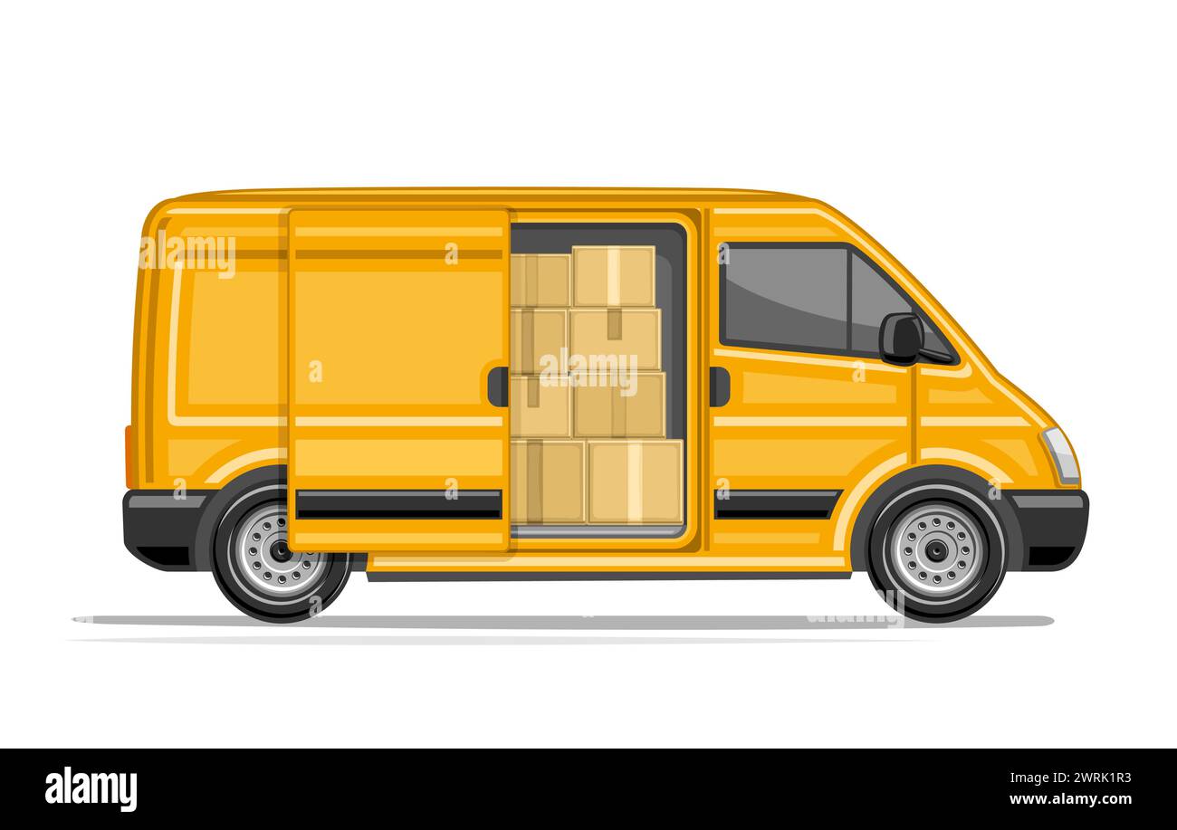 Vector illustration of Delivery Van, horizontal poster with profile side view large commercial van with opened sliding door and heap of cardboard boxe Stock Vector