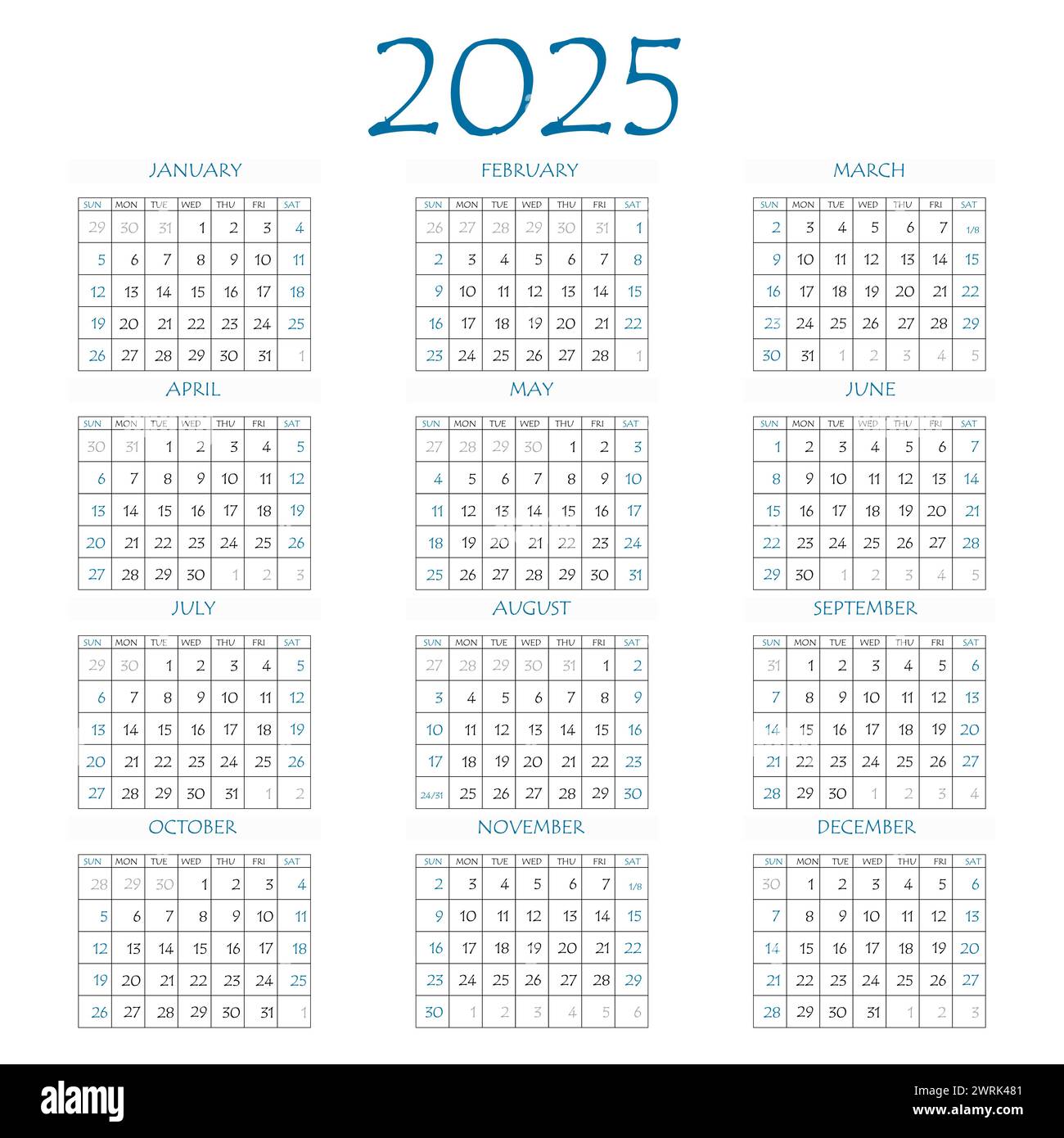 2025 calendar planner. Corporate week. Template layout, 12 months