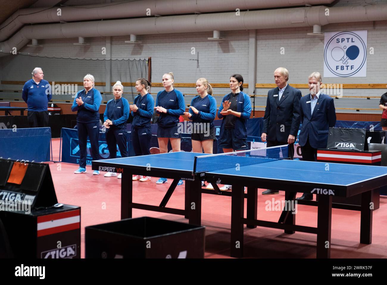 The Finland team lines up before the match. Action from the women's international matches art the Finland v Norway European Table Tennis Championships Qualification Group (for the 2023 European tournament) in Helsinki, 17 October 2022. Stock Photo