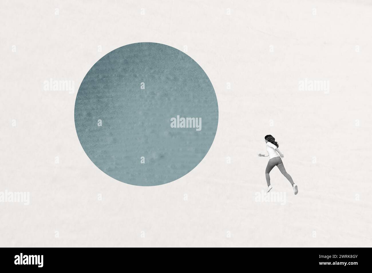 Creative collage picture young running girl towards target ...