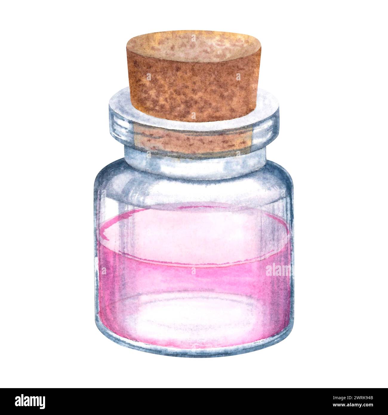 Glass bottle of rose water with wooden stopper on isolated background