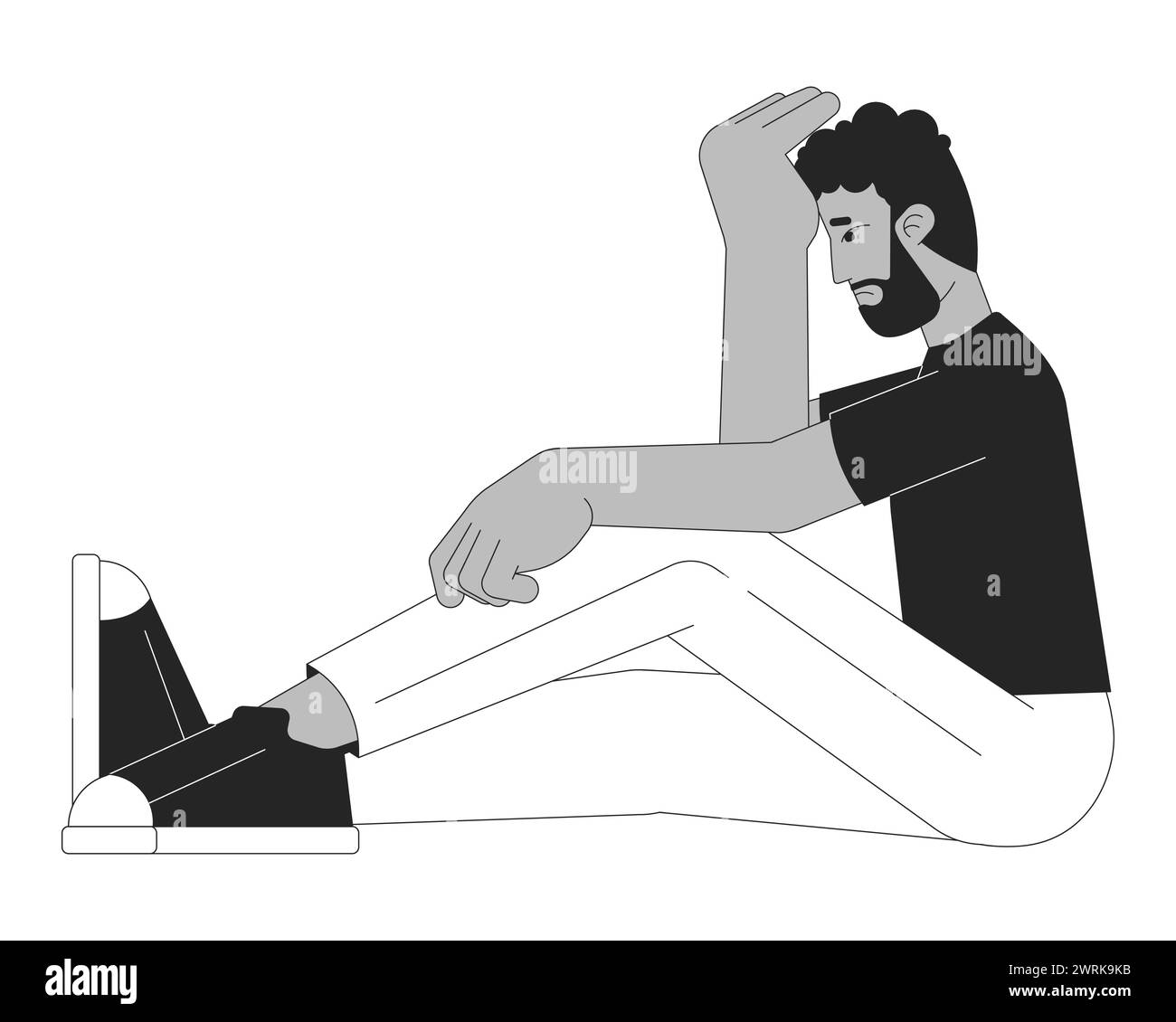 Depressed man holding head black and white cartoon flat illustration