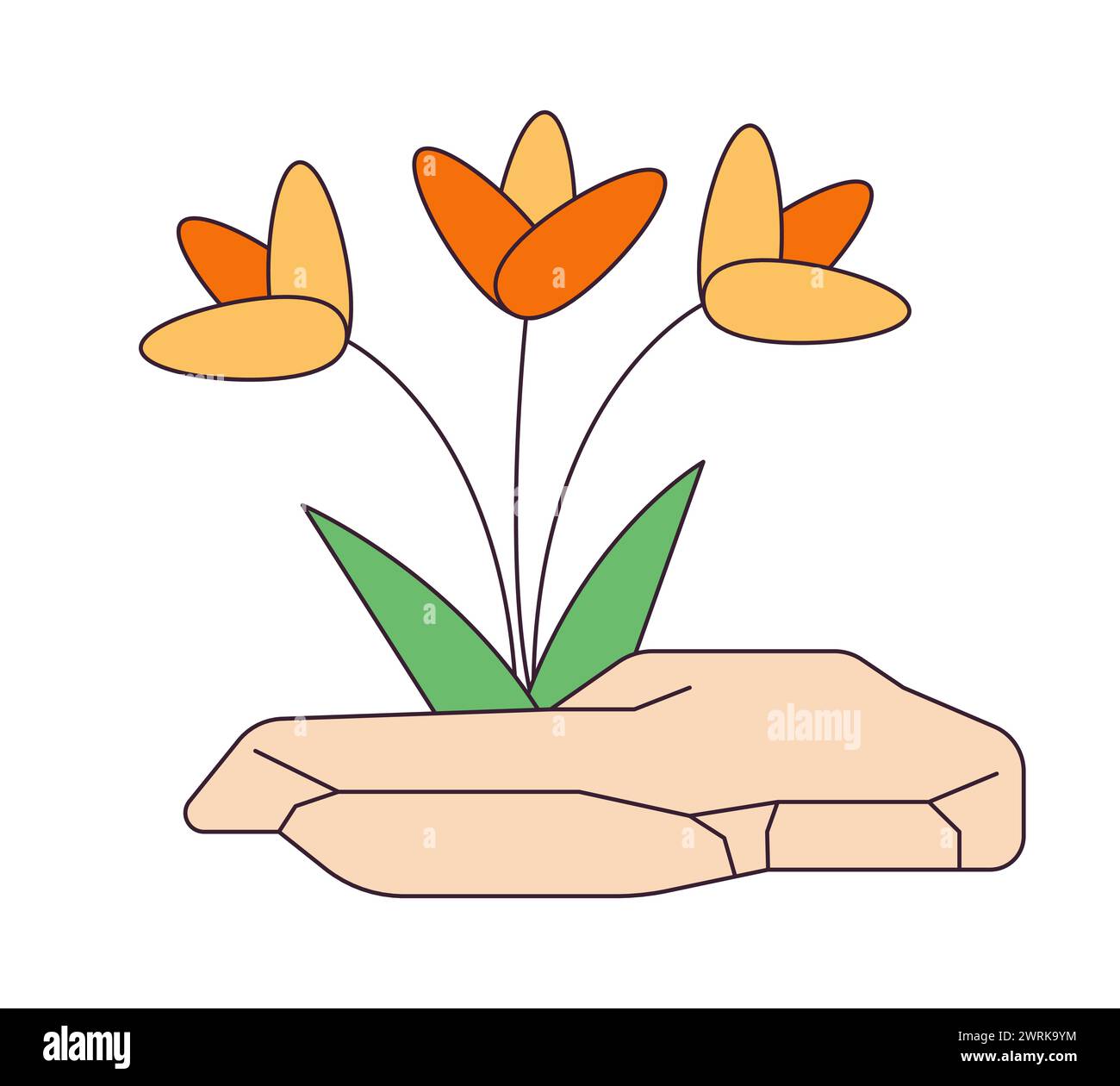 Flowers growing out rock 2D linear cartoon object Stock Vector Image