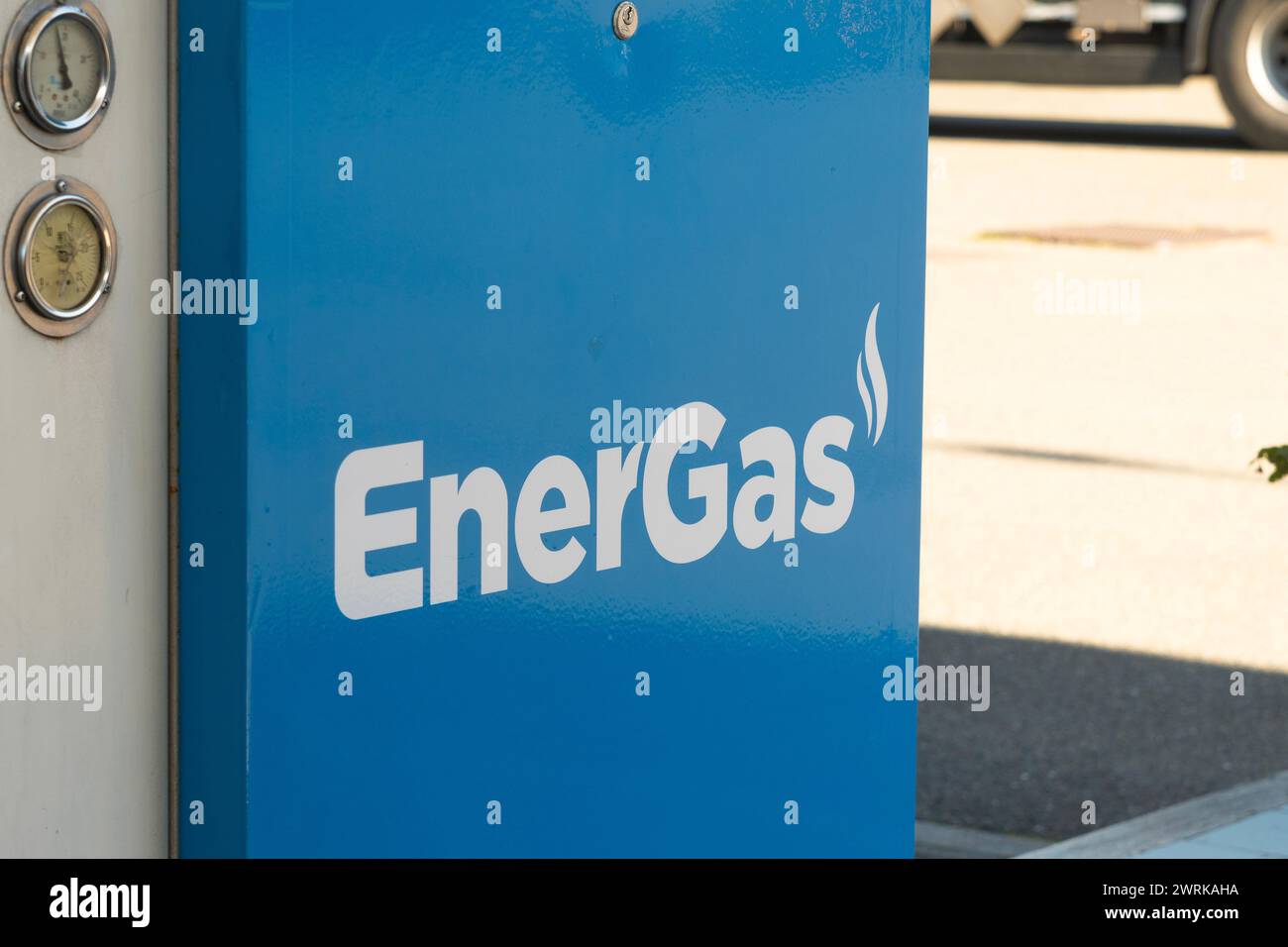 Massa, Italy - March 13, 2024 - The Energas Q8 logo in an LPG filling station Stock Photo