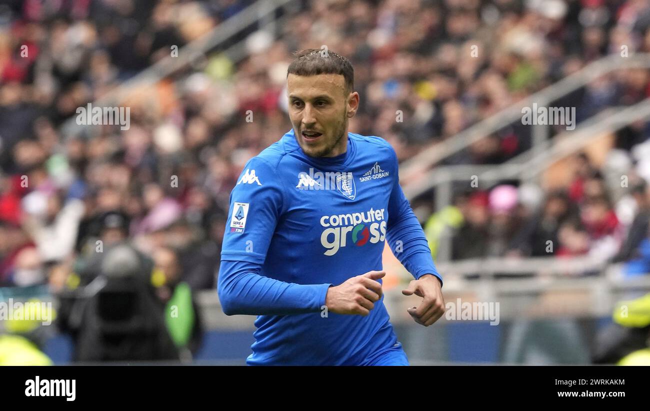 Empoli's Ardian Ismajli controls the ball during a Serie A soccer match