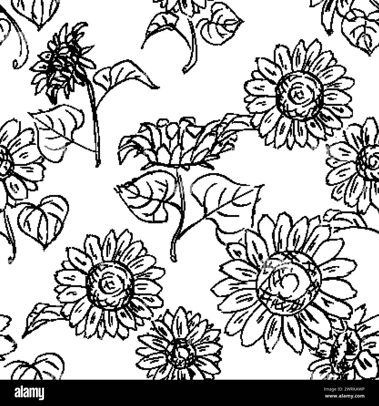 A textile featuring a seamless pattern of black and white flowers on a ...
